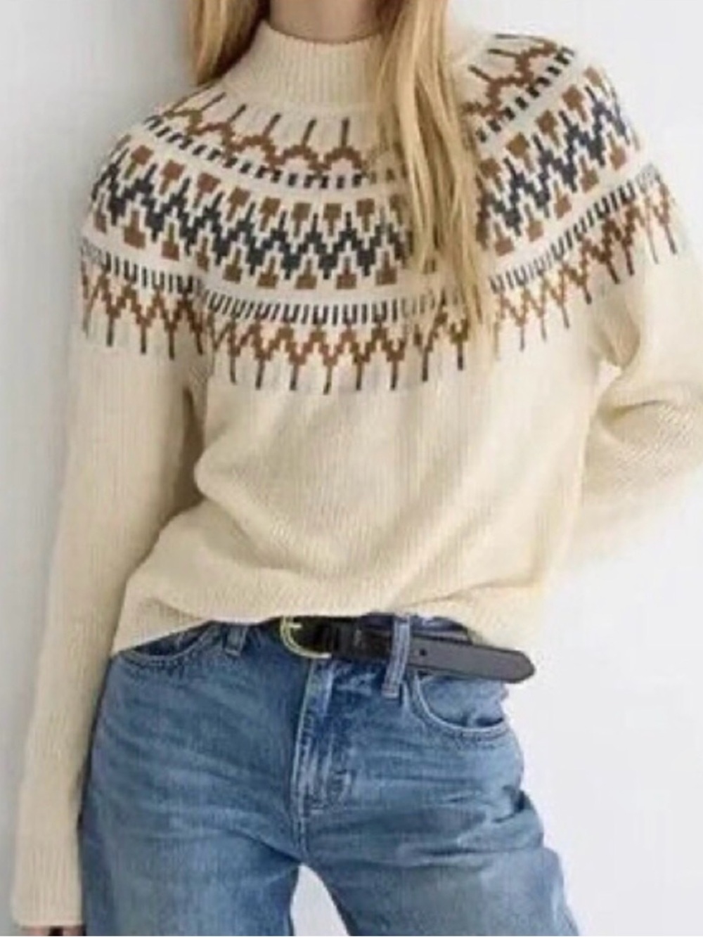 J. Crew Cream Fair Isle mockneck Sweater with Brown & Gray Accents